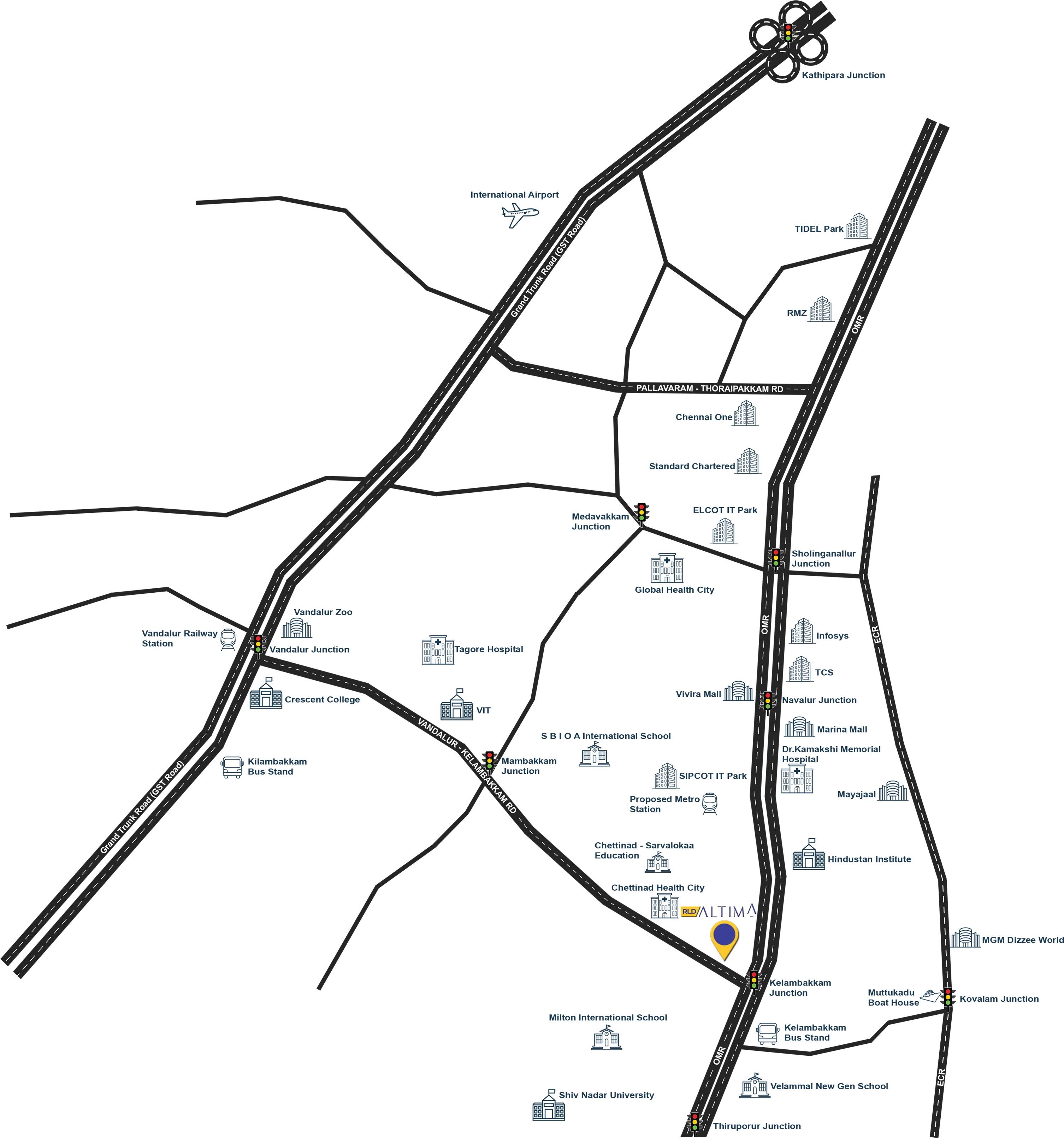 Road map showing location of premium apartments in Kelambakkam with connectivity details for flats for sale