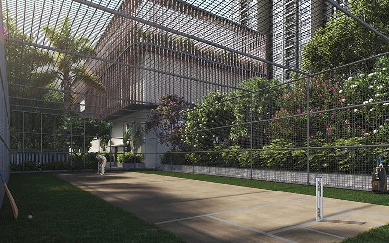 Box cricket facility at flats in Kelambakkam providing outdoor sports amenities for 3BHK and 2 BHK flats residents